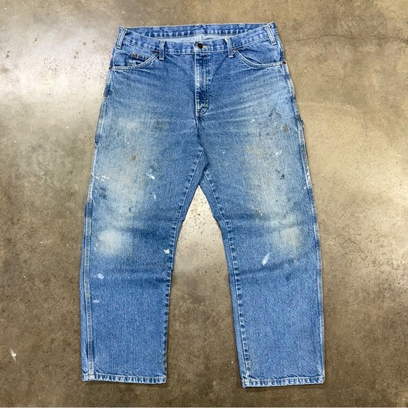 Vintage Dickies Carpenter Jeans Workwear Blue Denim Paint Stains 36x30 USA Made - Picture 3 of 8